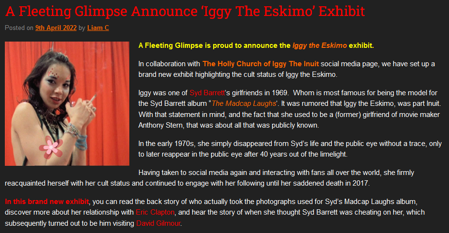 Iggy The Eskimo exhibition @ A Fleeting Glimpse