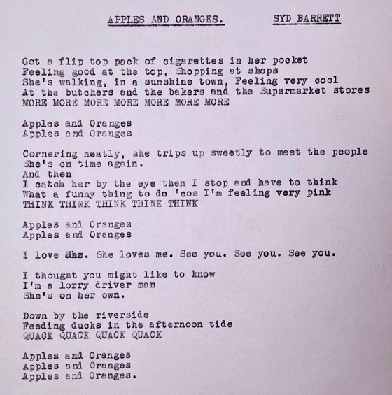 Apples and Oranges Typed Lyrics. Taken from Omega Auctions.